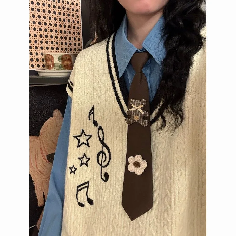 Kimotimo Sweater Vest Women Vintage Musical Note Embroidery Contrast Color V Neck Loose Sleeveless Pull Autumn Winter Knit Tops
