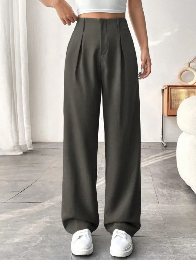 Damen High-Waist Straight-Leg Hosen Slim Fit Einfarbige Plissierte Anzughosen mit Taschen Büro Klassische Freizeithosen – Detail 8