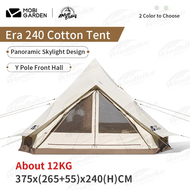 MOBI GARDEN Camping Era 240 Cotton Tent 3-4 Person Y-Pole Front Hall Tent Double Door Breathable Rainproof PU4000 With Chimney