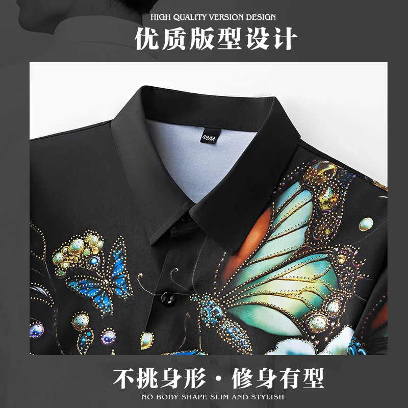 Heavy Industry Rhinestone 3D Printed Men's Shirt Autumn Luxury Long Sleeved Casual Business Shirts Social Banquet Party Tops