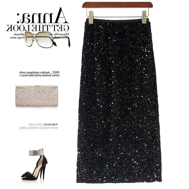 Autumn and Winter Fashion New Black Sequined Half Skirt High Waisted A-line Straight Tube Mid Length Sparkling Half Skirt M177