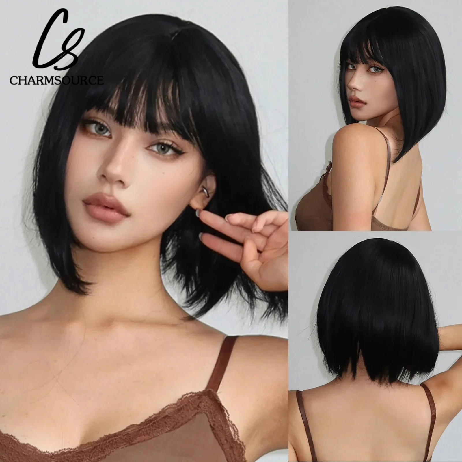 

Black Bob Wig Synthetic Straight Short Hair with Bangs Heat Resistant Natural Looking Daily Cosplay Afro Style for Women