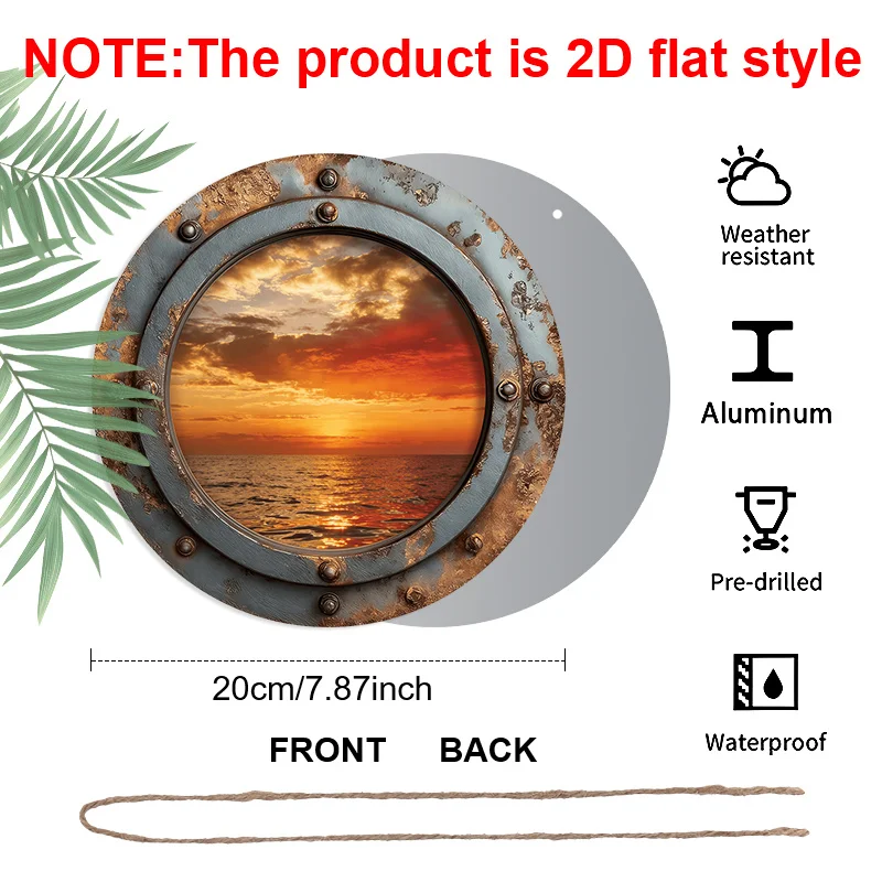 2D Flat Decorative Sign & Plaque, Nautical Ship Porthole Sunset Sign - Realistic Ocean View Through Rusty Metal Window - Unique