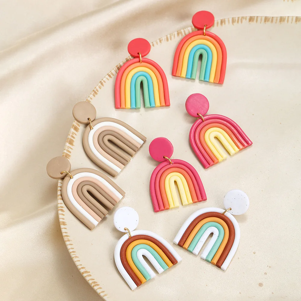 Renya Rainbow Colors U Shape Fashion Earring Cute Polymer Clay Long Dangle Drop Earrings for Women Girls Goth Jewelry Gifts