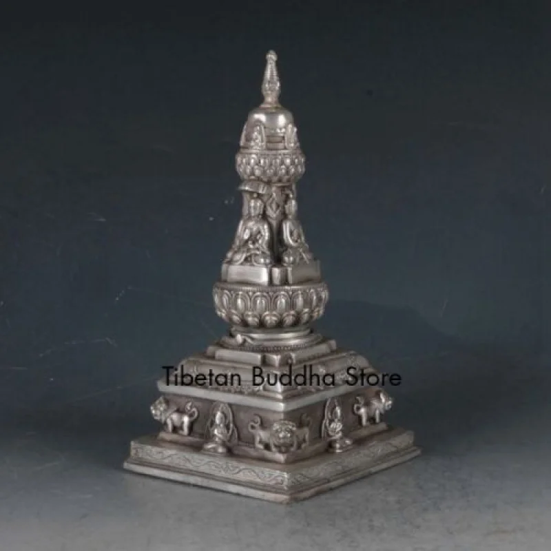 

Collect old Tibet Silver Hand carved lion Buddha Pagoda Stupa Tower Statue 21171