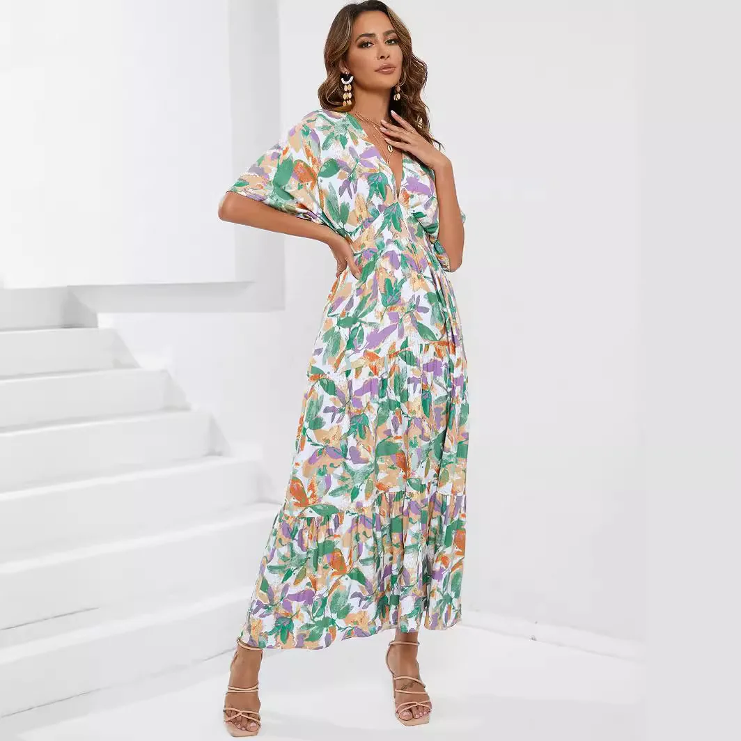 Impresso batwing sve cintura em v profundo cinched em camadas dr praia vaion saia comprimento médio bolo sle cintura elástica padrão de impressão