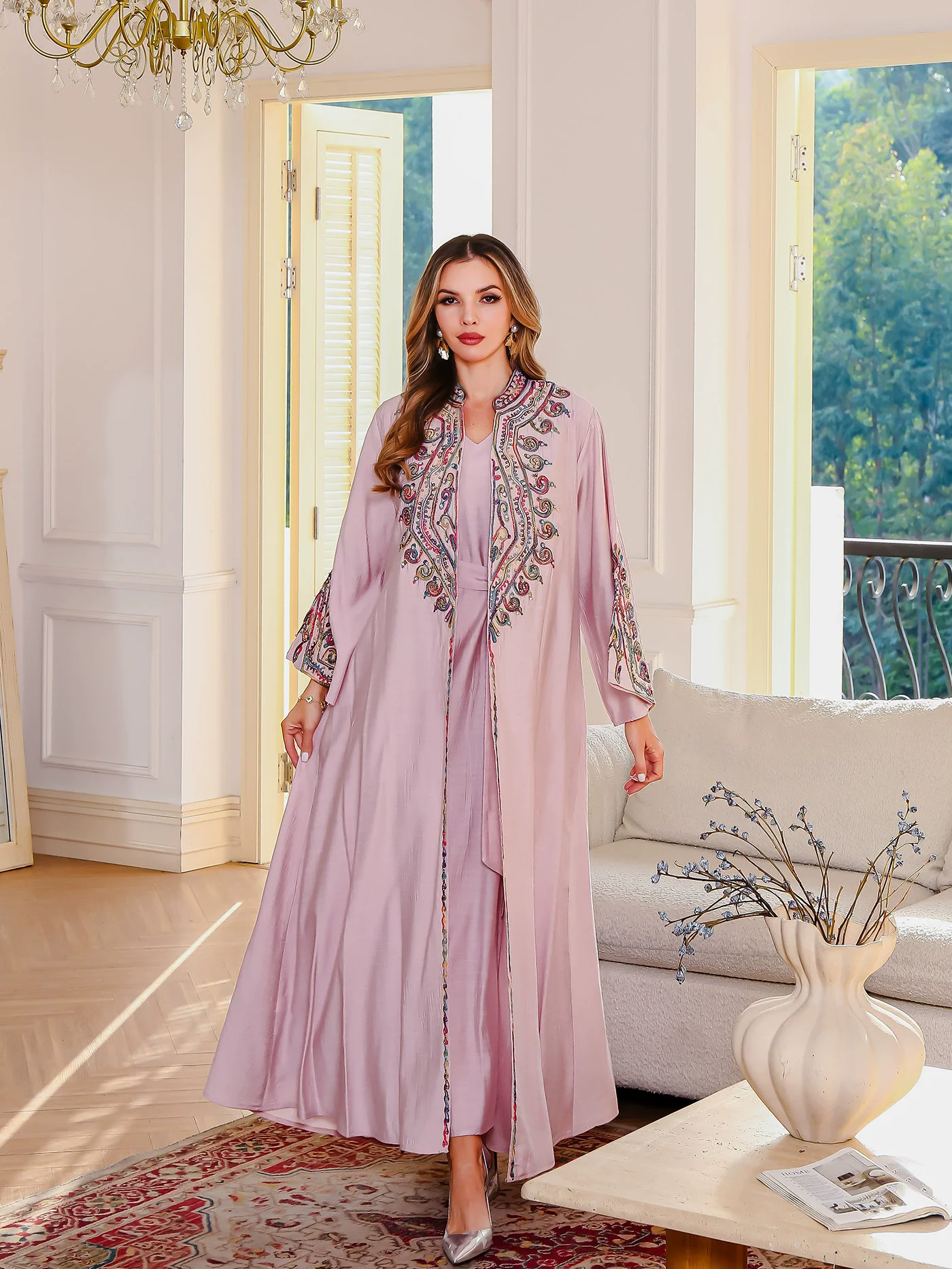 In stock Ramadan new Muslim fashion embroidered robe Middle Eastern clothing abaya Dubai long skirt two-piece set Arabian robe