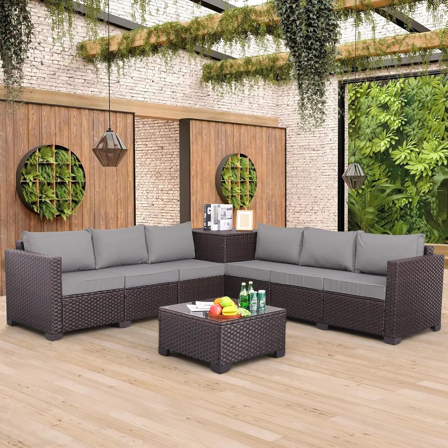 Patio Furniture Set PE Wicker Outdoor Brown Rattan Sectional Sofa Loveseat Couch Conversation Sets with Storage Bin Coffee Table