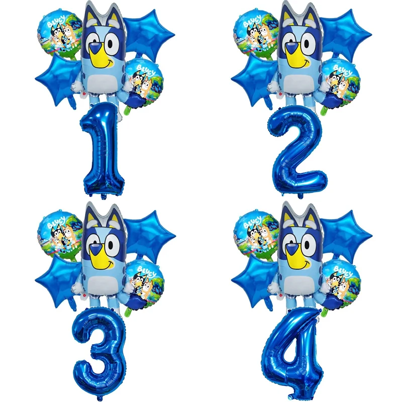 6Pcs/Set Bluey Balloon Set Birthday Decoration Balloons Cute Foil Balloons Age Number Balloon Set Party Decoration Props Gift