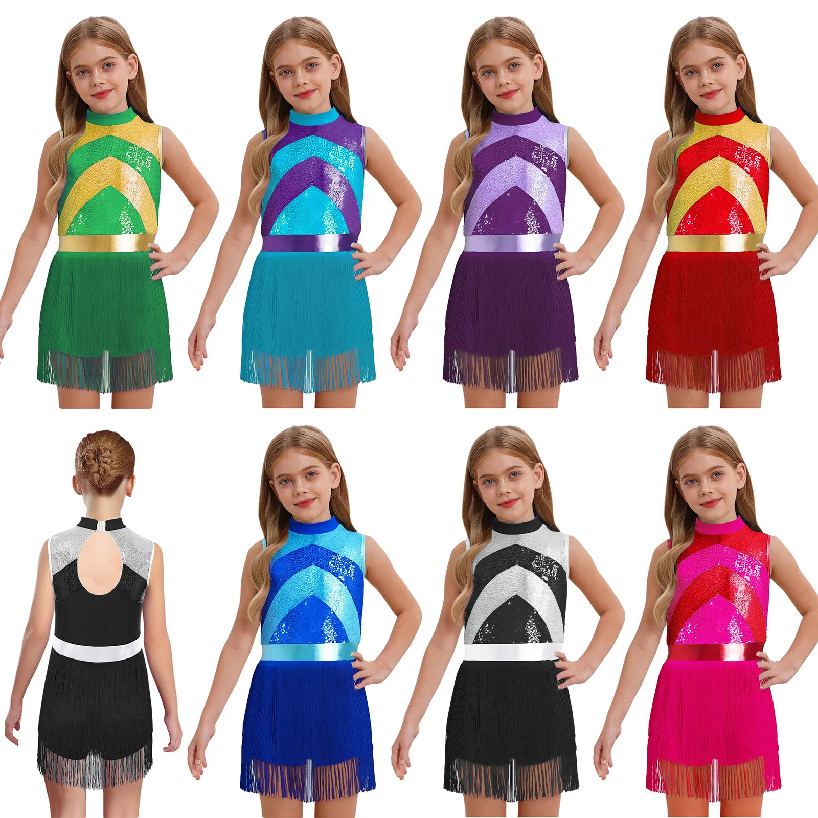 Strój do występów latynoamerykańskich i jazzowych dla dziewcząt, liryczna sukienka bez rękawów z błyszczącymi cekinami i frędzlami, idealna do tańca Cha-Cha i występów scenicznych.