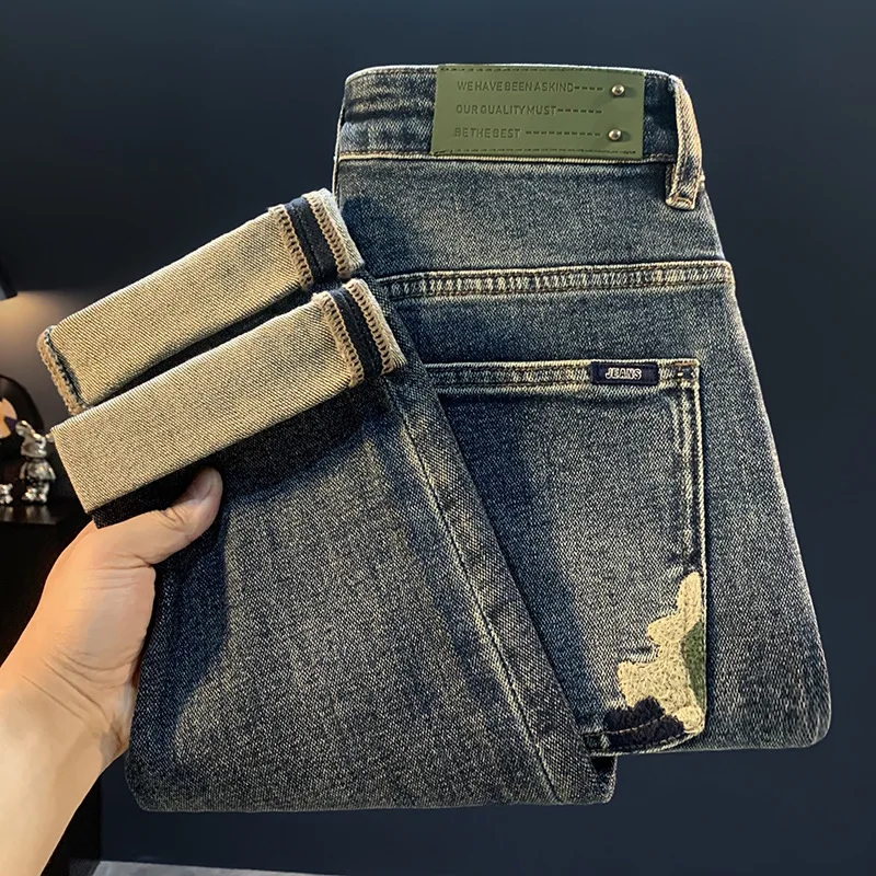 

Осень 2024, новые синие модные джинсы в стиле ретро, мужские универсальные уличные модные повседневные эластичные брюки на маленьких ножках