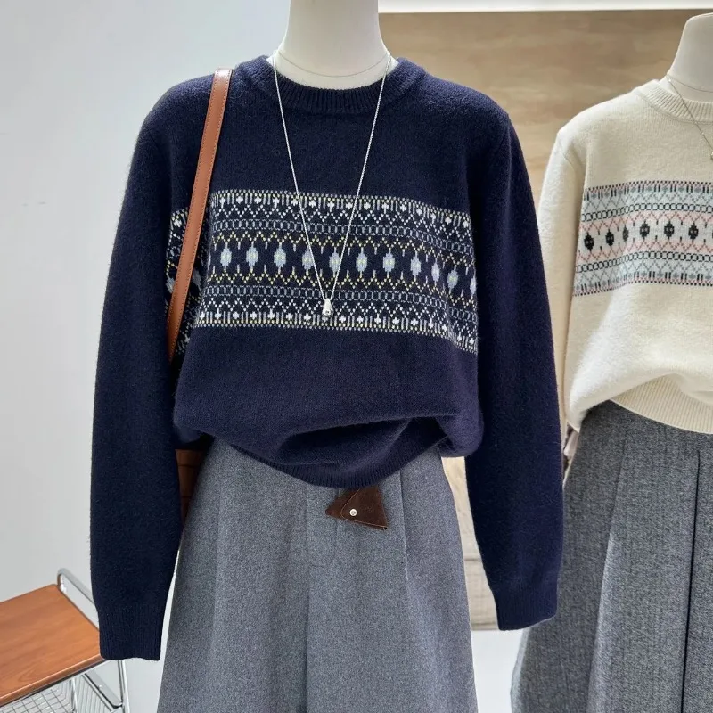 Women French Retro Fair Isle Jacquard Sweater Autumn Winter Soft Crew Neck Pullover Color Block Knit Outerwear Top