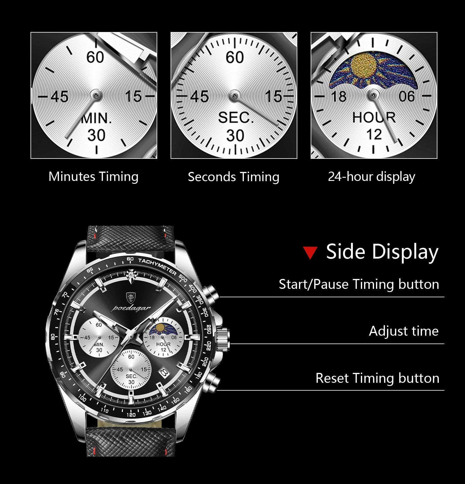 POEDAGAR Top Original Herrenuhren Leuchtend Wasserdicht Modische Männeruhr Leder Chronograph Datum Quarz Sport Herren Armbanduhr – Detail 8
