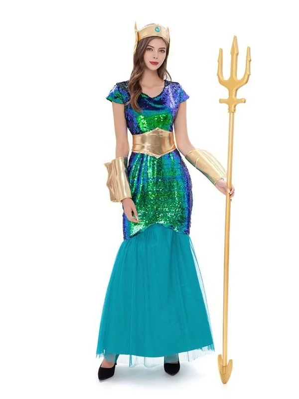 

Костюм для выступлений на Хэллоуин: Русалка, Король и Королева Моря, Фараон, Бог Войны, с трезубцем и бородой, традиционный китайский сценический наряд