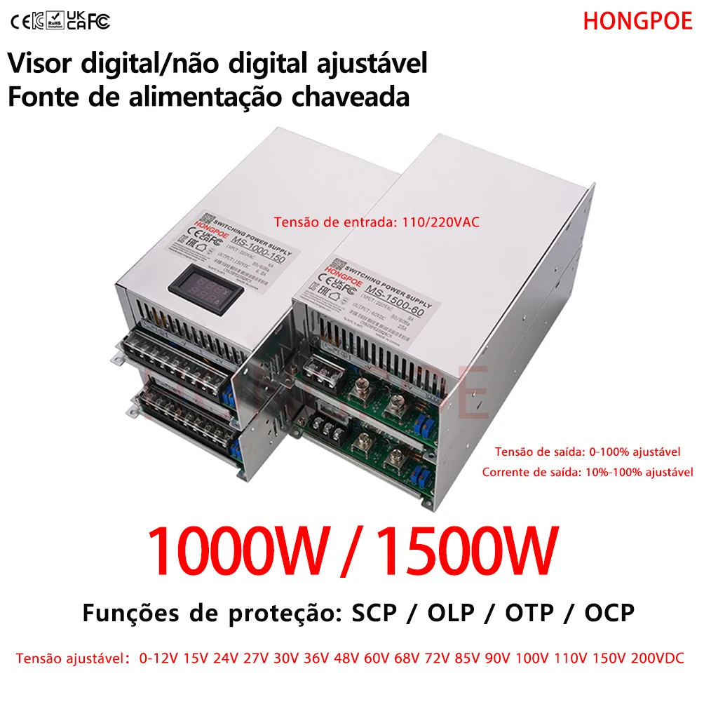 Fonte de Alimentação Chaveada (SMPS) CE 1000W / 1500W com Entrada 0-200VDC e Saída 110/220VAC, Tensão/Corrente Ajustável de 0-100% para LED, CFTV, Energia Renovável e Baterias de Impressoras 3D