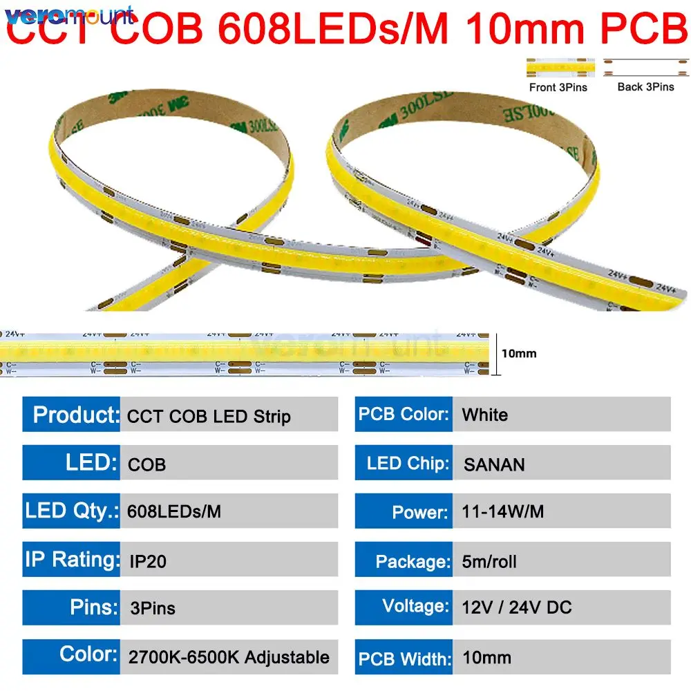 5m COB CCT LED Strip 12V 24V DC 600/608LEDs/m FCOB Dimmable Dual White 5mm 8mm 10mm PCB High Density Flexible Linear Tape 3 Wire