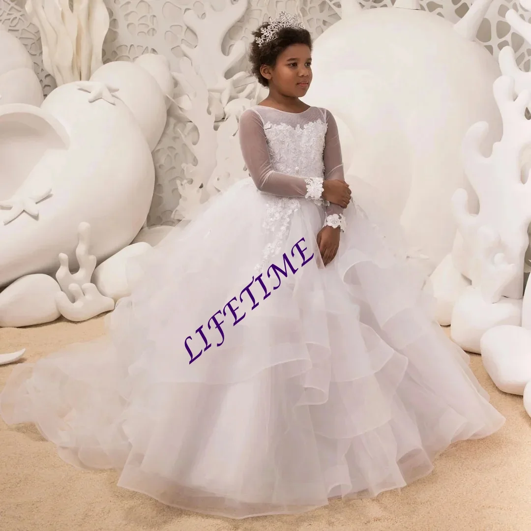 فساتين فتاة الزهور البيضاء المخصصة لحفلات الزفاف مزينة بطبقات بطول الأرض فستان حفلات رائع لوصيفات العروس Quinceanera