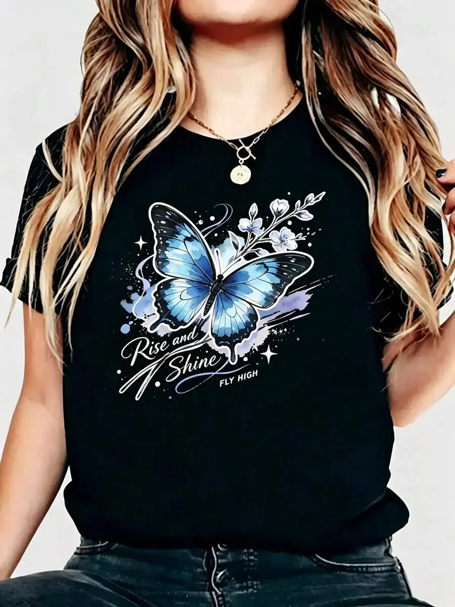 Women's Crew Neck Short Sleeve Graphic T-Shirt, Blue Butterfly 