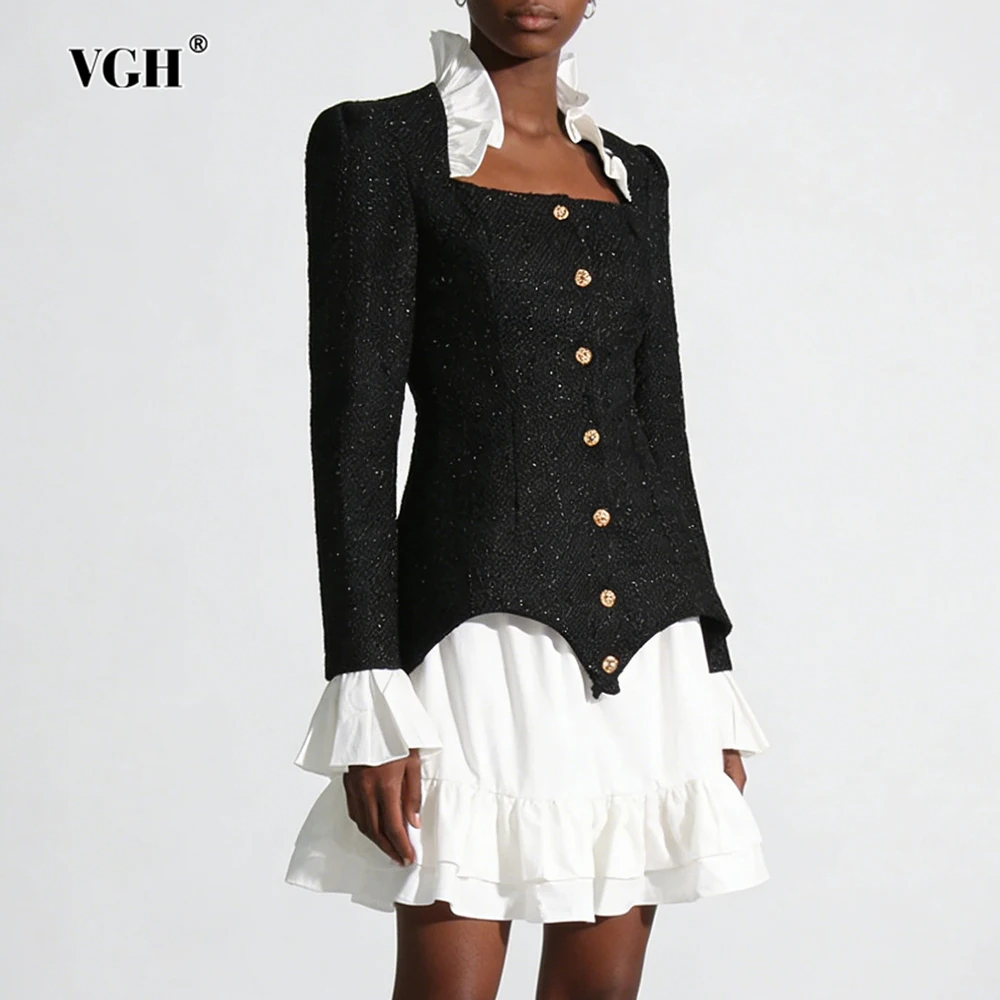 VGH Court Style Elegant Hit Color Two Piece Sets For Women Square Collar Long Sleeve Top Hihg Waist Mini Skirt Sexy Set Female