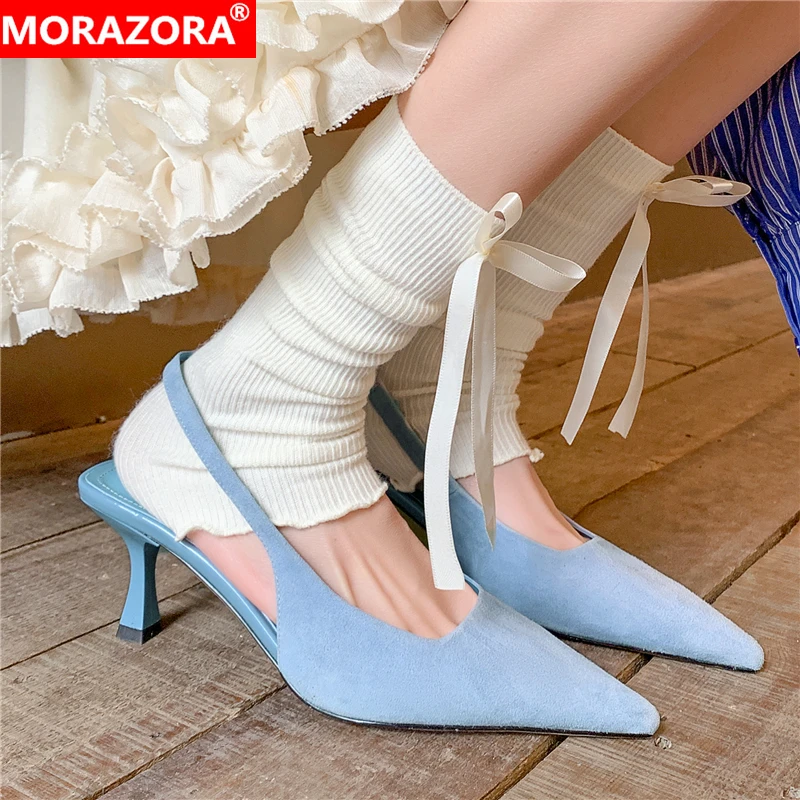 

MORAZORA New Kid Suede Slingbacks Women Pumps Sandals Pointed Toe Stiletto High Heels Blue Green Summer Party Wedding Shoes