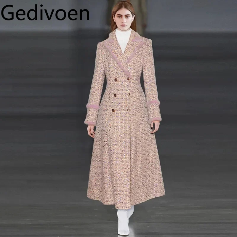 Gedivoen Autumn and Winter Women's Coat Notched Long-Sleeved Double-Breasted High waist Pink Plaid young girl style Overcoat