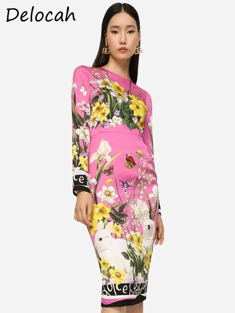 

Delocah High Quality Spring Women Fashion Runway Pencil Dress Long Sleeve Letter Flower Printed Elegant Slim Ladies Midi Dresses