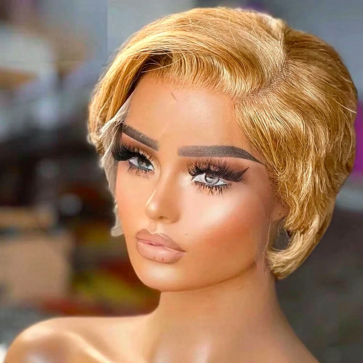 Short #27 Blonde Pixie Bob Wig 13x4 HD Lace Frontal Ombre Brown 8 Inch Straight Brazilian Human Hair Full Volume for Women