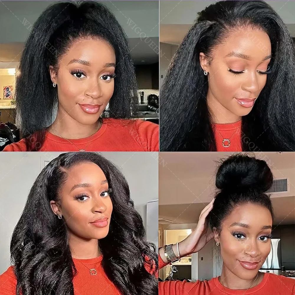 

Yaki Straight Half Wig Human Hair Kinky Straight Half Wig 3 in 1 3/4 Half Wig Wear and Go Wig Seamless Flip Over with Drawstring