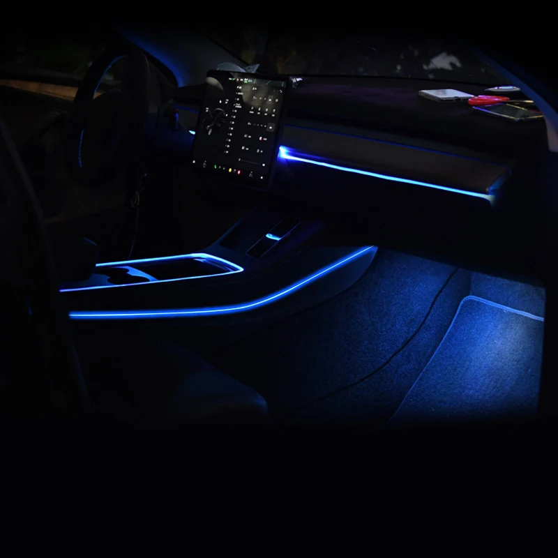 Para Tesla Model 3 Y Luzes Ambientais LED Tiras Neon Iluminação Car Center Console Painel Pé APP Controle Interior Acessórios