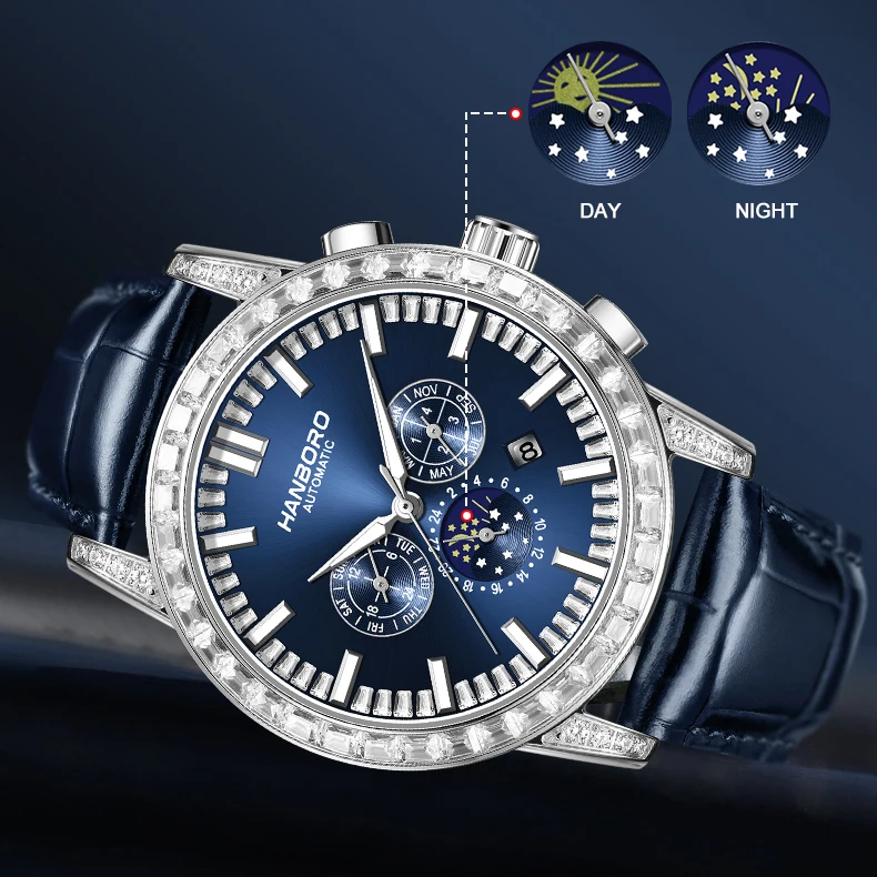 HANBORO Men Automatic Watch Mechanical Wristwatch Luminous 50m Waterproof Sapphire Mirror Multi-Dial Week Month Date Sun-Moon
