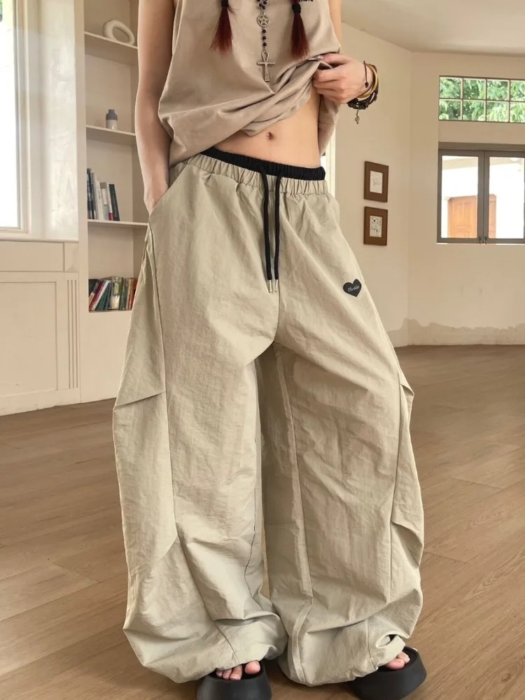 Women's 2026 Summer American Vintage Double Waist Cargo Pants Khaki Wide Leg Baggy Embroidered Jazz Dance Hip Hop Y2K Streetwear