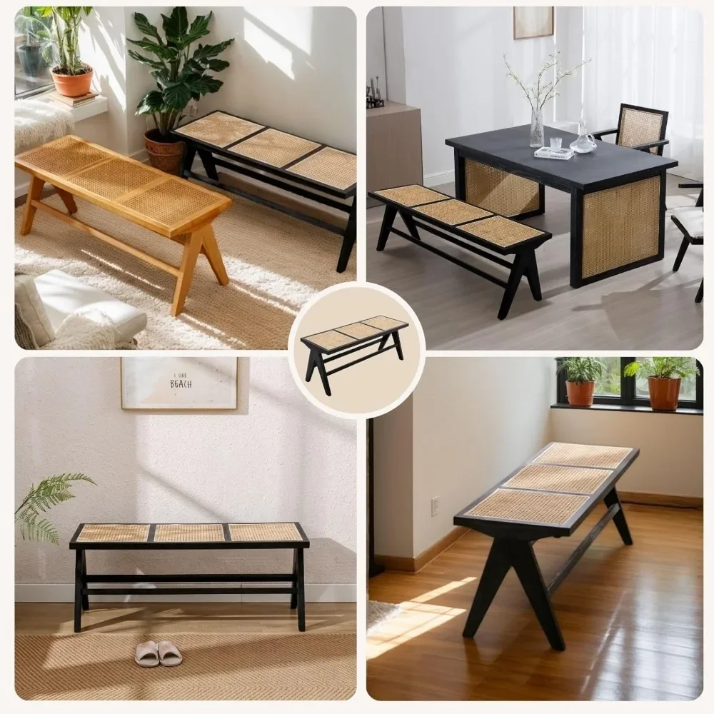 45-дюймовая черная скамейка из ротанга для прихожей, плетеное дерево и трость, конец кровати, скамейка, деревянная обеденная скамейка в фермерском доме с подставкой для ног