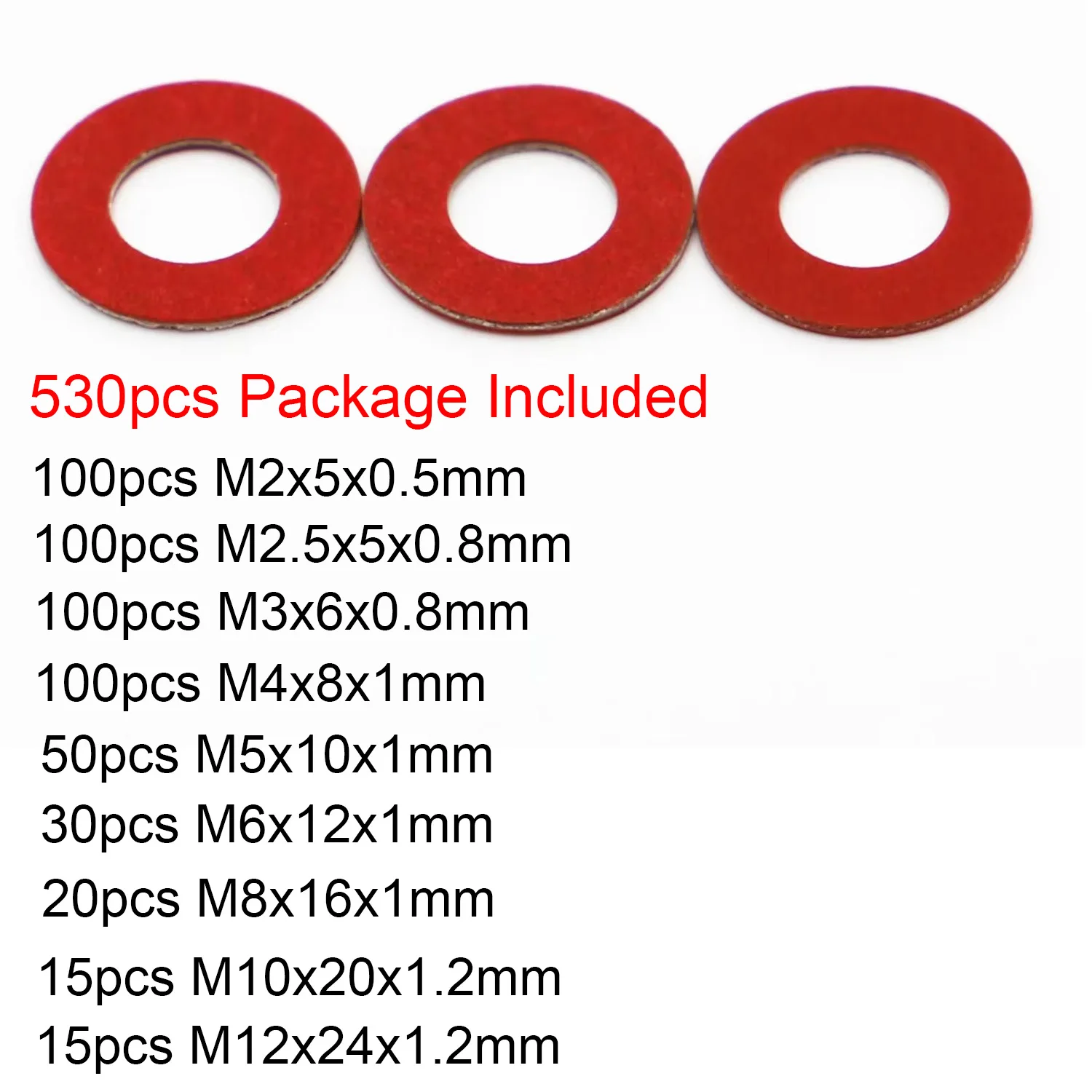 530pcs M2 M2.5 M3 M4 M5 M6 M8 M10 M12 Red Steel Paper Flat Washer Plain Insulated Gasket Ring Pad Assortment Kit Set Box