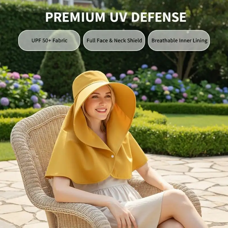 Sonnenhut mit Vollgesichts-UV-Schutz, großer Krempe und Schal, Sommerhut für Damen, für Outdoor, Strand und Reisen – Detail 8