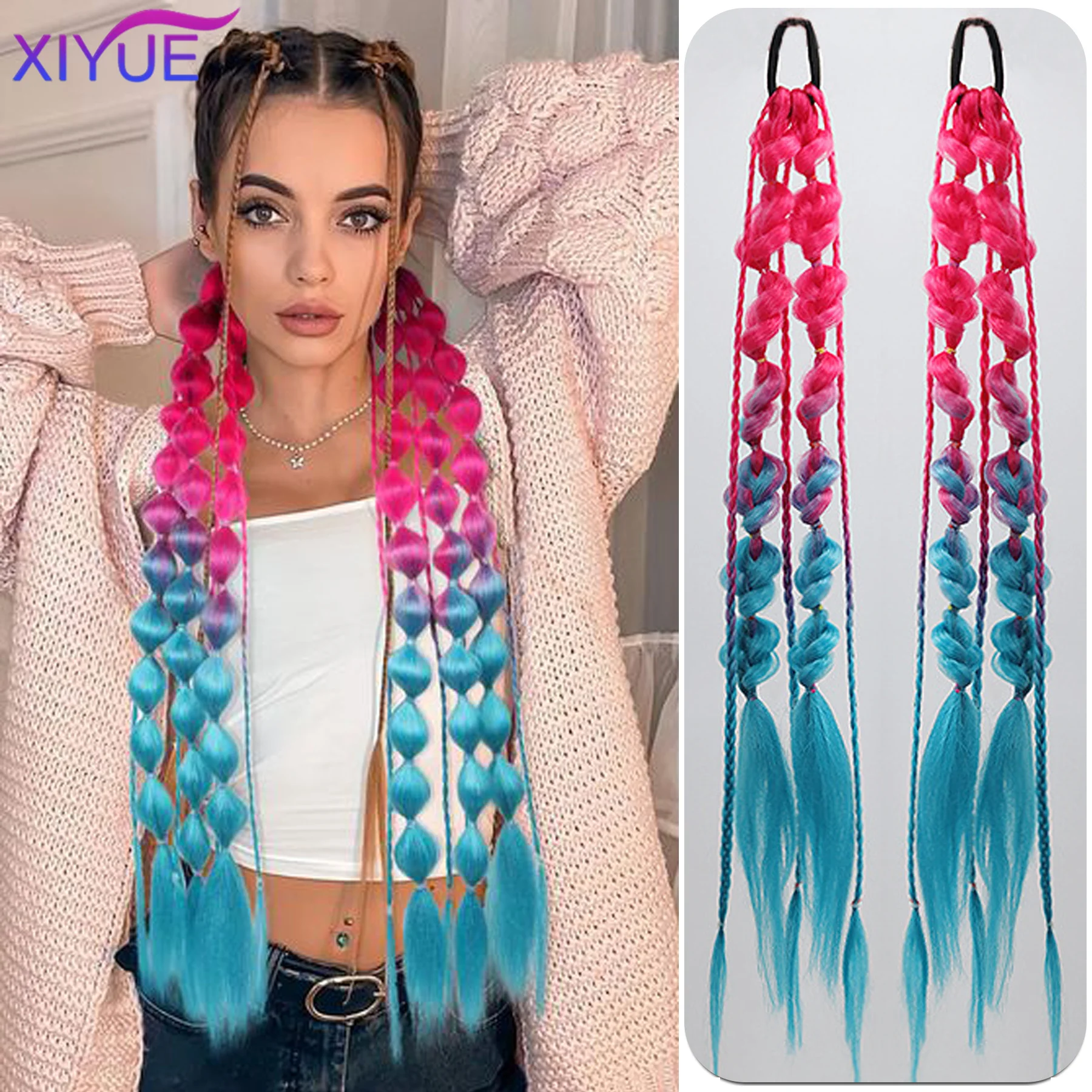 

Synthetic Colored Braided Ponytail Hair Extension Rainbow Color Braids Pony Tail With Elastic Band Girl's Pigtail