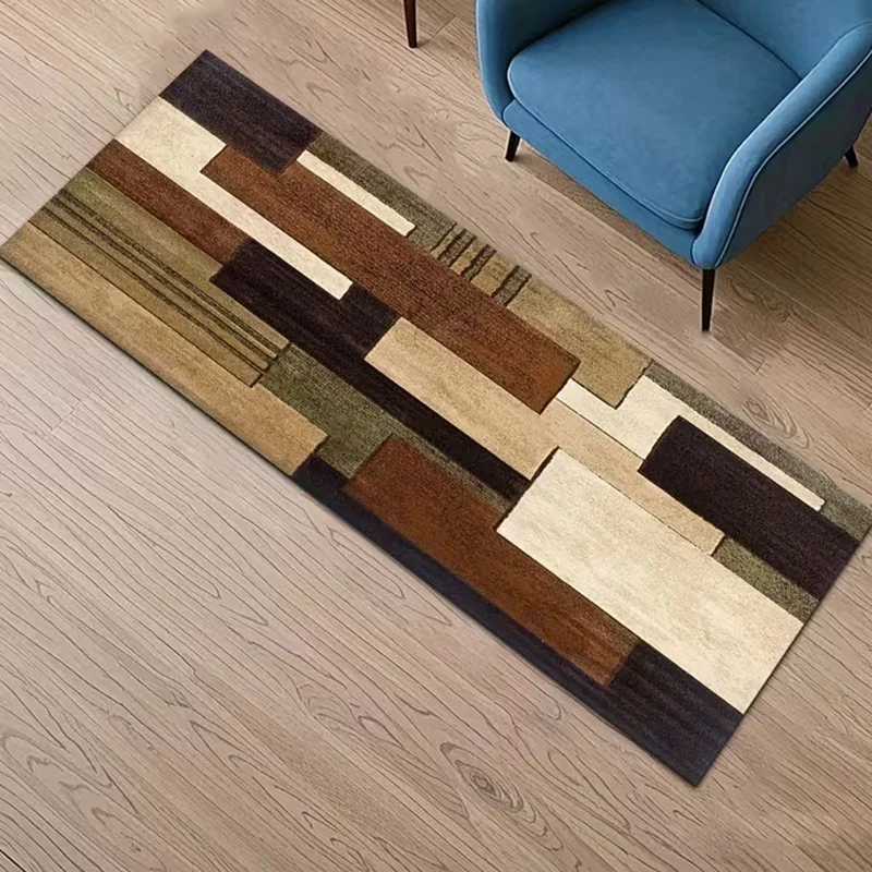 Retro Earth Tone Block Runner Rug Brown Beige Patchwork Geometric Non Slip Carpet Mid Century Style Mat Hallway Decor