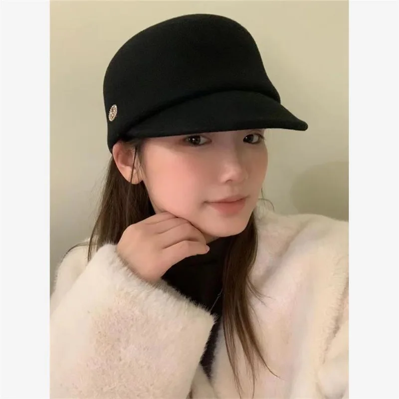 Elegant Wool Blend Cloche Hat Women: Winter Duckbill Cap with Rhinestones - British Vintage Minimalist