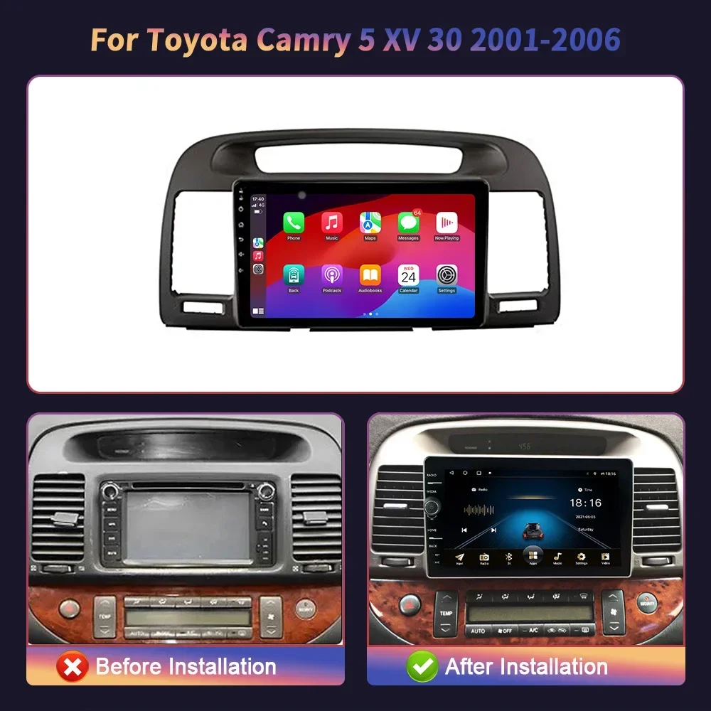 Android 14 For Toyota Camry 5 XV 30 2001-2006 Wireless Bluetooth CarPlay GPS Auto Radio Multimedia Navigation Head Unit Screen