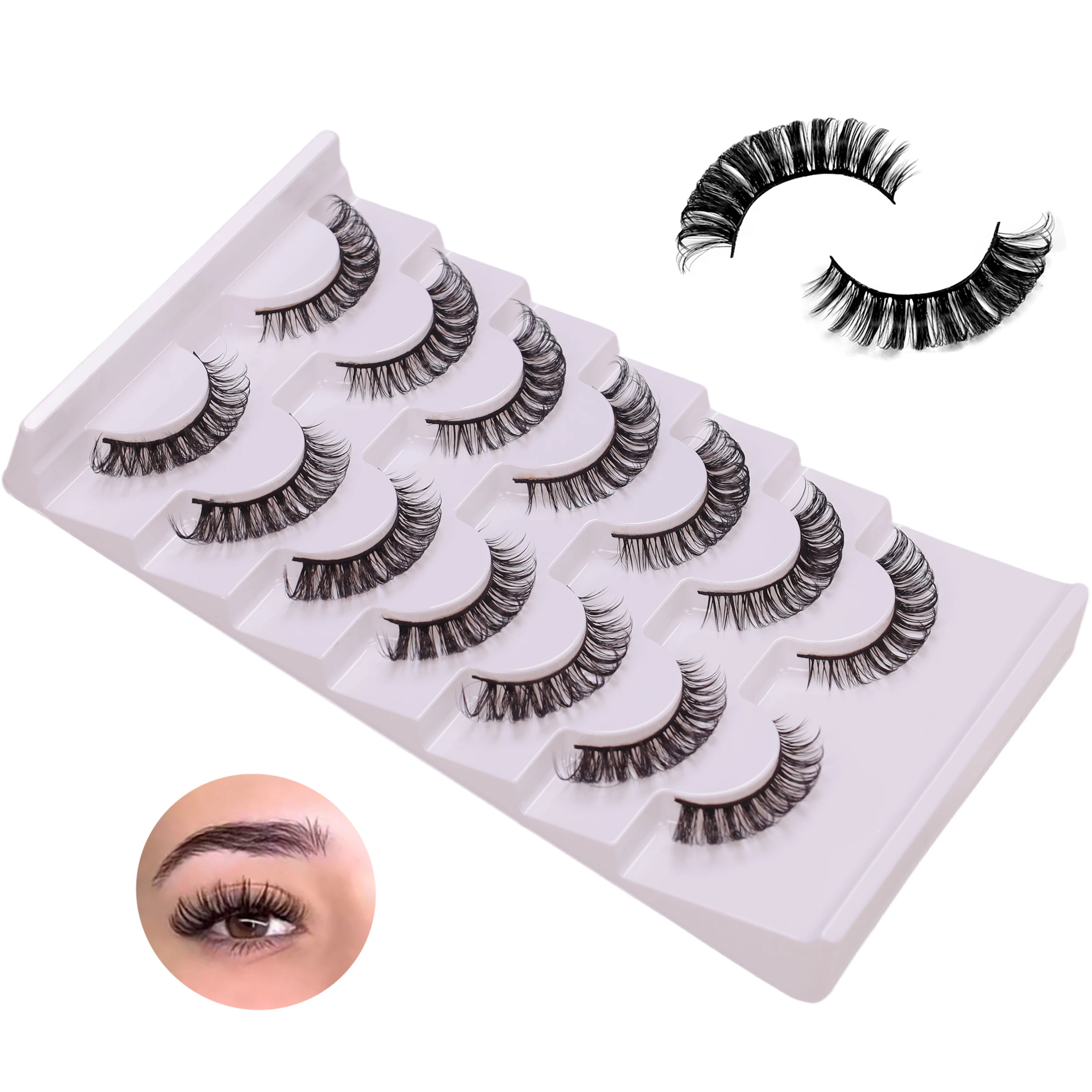 売れ筋の厚くて丈夫なつけまつげ7組。手作りで再利用可能で、素晴らしいアイメイクを作成できます。