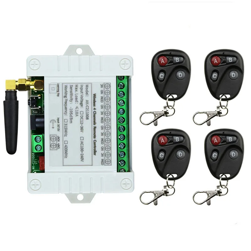 DC 12V 24V 36V 4CH interruptor de luz de Control remoto inalámbrico RF 10A salida de relé módulo receptor de Radio controlador de interruptor puertas de garaje