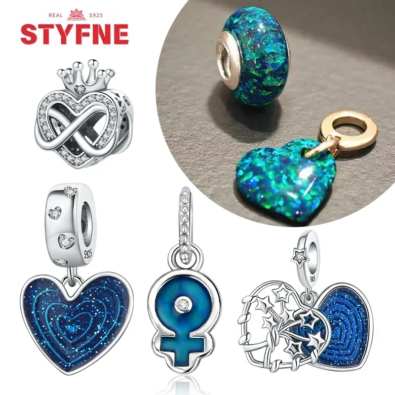 Sterling 925 Silver Forever Love Beads Blue Green Heart Series Charm Fit Original Bangle Bracelet Jewelry Gifts for Women Diy