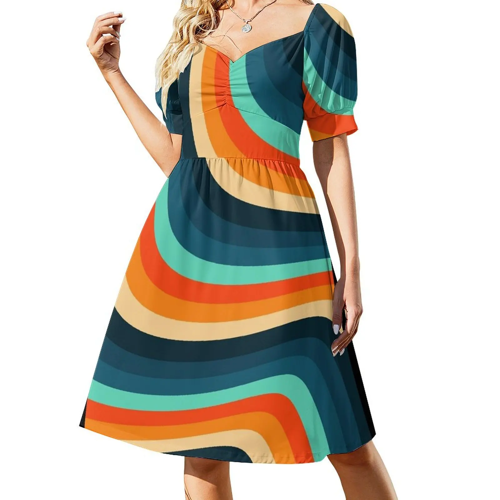 

70s Retro Stripes Vintage Short Sleeved Dress summer dress Long veiled dresses sexy dress