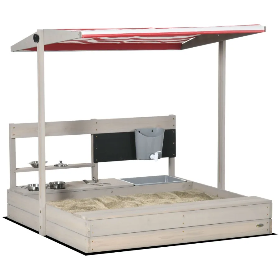 

Sandbox with Canopy Adjustable Wooden Sandbox Backyard Toy with Kitchen Playset Accessories Outdoor Activity Gift for Girls an