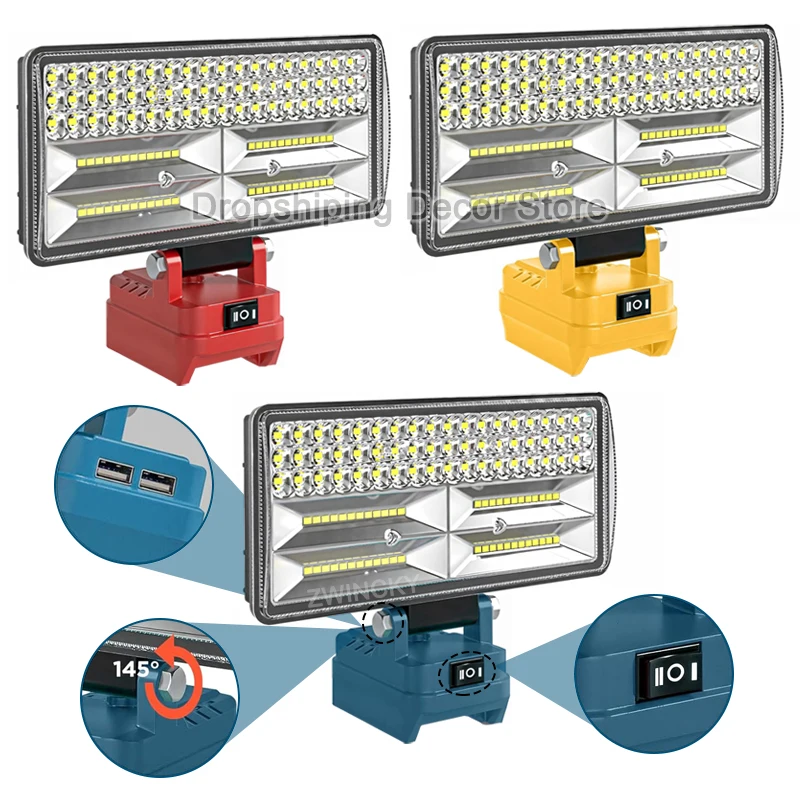 

96W LED Work Light For Makita/Dewalt/Milwaukee 18V Li-ion Battery, Portable Emergency Floodlamp Flashlight Camping Lamp With USB