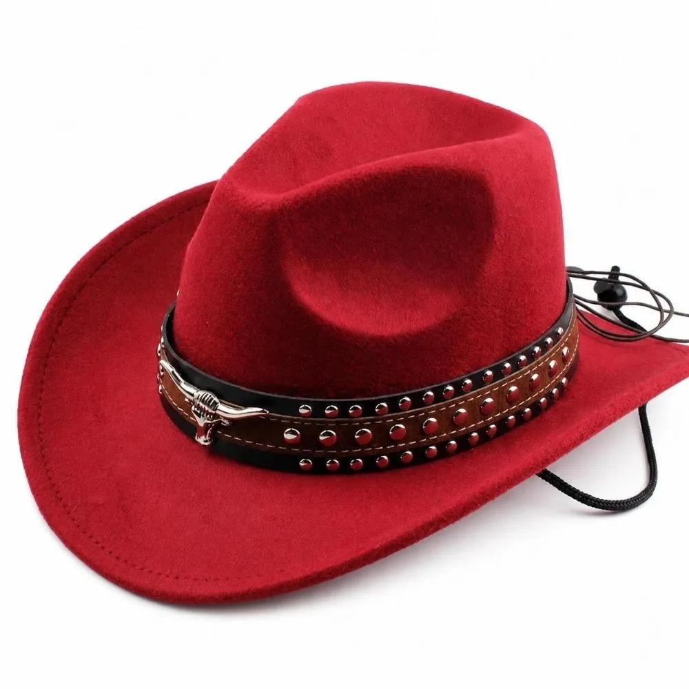 New Felt Western Cowboy Hat Ox Head Decorative Wide Brim Studded Leather Cap Ethnic Style with Belt Jazz Fedora Hats Outdoor