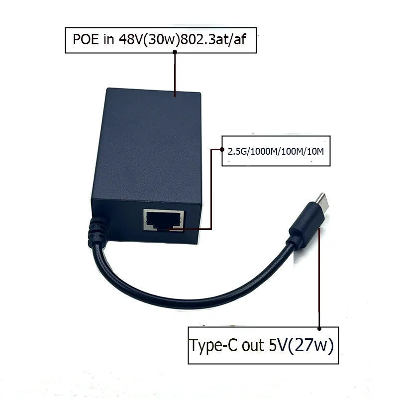 48V to Active Isolated PoE Splitter IEEE802.3af/at type-c out 5v 27w  2.5G/10/100/1000M