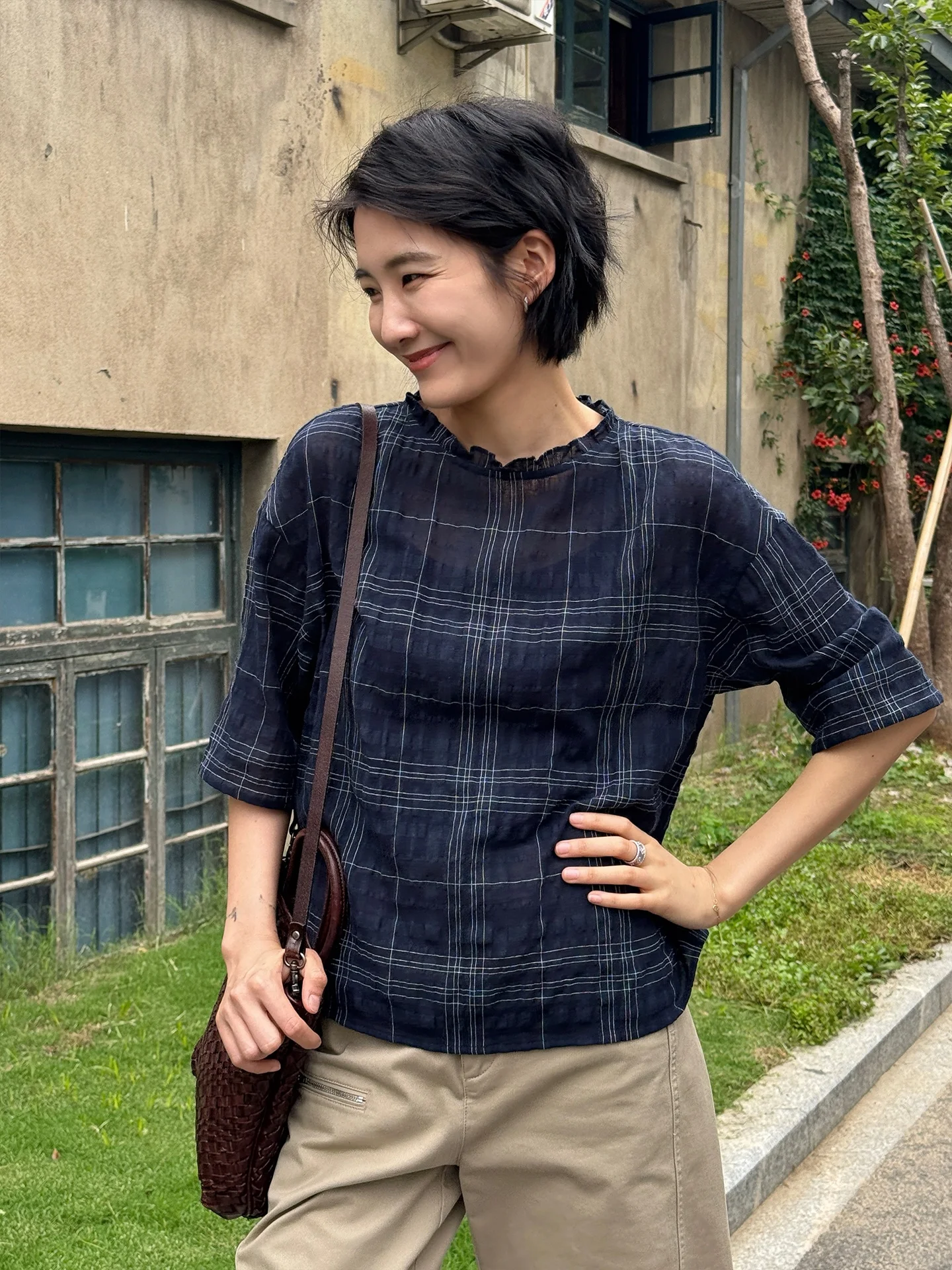 

Женская свободная блузка Langqing с круглым вырезом и клетчатым узором, фактурная, с рукавом три четверти, художественный дизайн, дышащий полиэстер