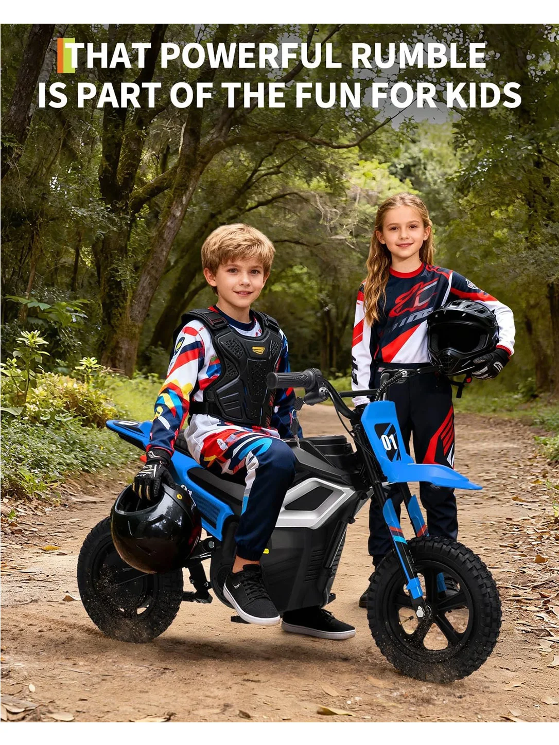 24V 350W Kids Electric Dirt Bike with 12 Inch Fat Tires 10 MPH Top Speed Rear Suspension Hydraulic Disc Brakes Twist Grip Throttle Music USB Steel Frame Ride On Motorcycle Ages 8 and Up