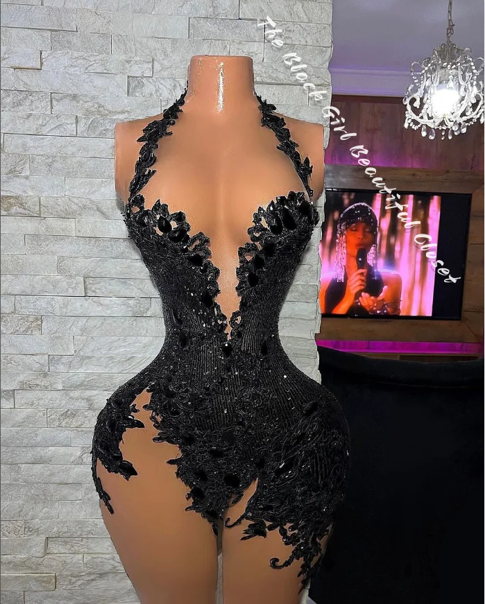 Black Short Sexy Homecoming Dresses New Black Girls Neck Birthday Party Dresses Light Luxury Applique Crystal Sequin Dresses