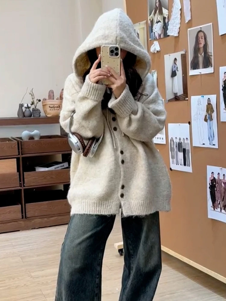 

Мягкая толстовка с капюшоном Lazy Sle, женская новинка 2025 года, корейский свободный повседневный вязаный свитер, кардиган, топ, милый Sle, летний Китай